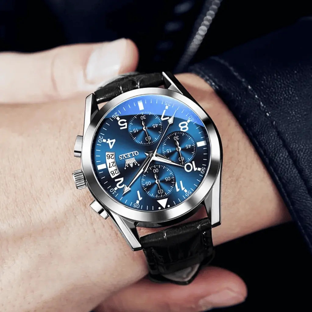 Olevs Montre Homme Bracelet en Cuir Rennes | Bleue