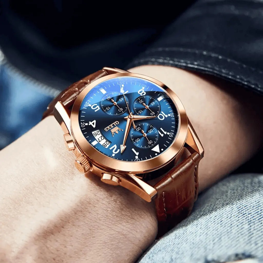 Olevs Montre Homme Bracelet en Cuir Rennes | Brun et Bleue